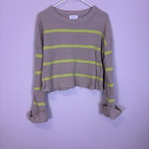 Evereve Brown with Neon Striped Ribbed Sweater with Cuffed Sleeves Small